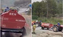 Yangına traktörle koştu: Patlayan tekerleğe rağmen durmadı