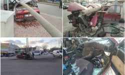 Konya’da kontrolden çıkan otomobil direğe çarparak durabildi