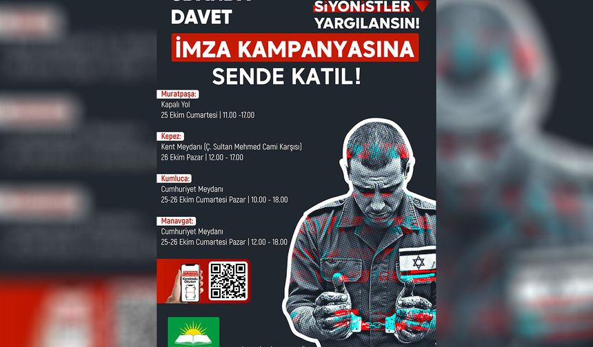HÜDA PAR Antalya İl Başkanlığından "Soykırımcı siyonistlerin yargılanması" için imza kampanyası